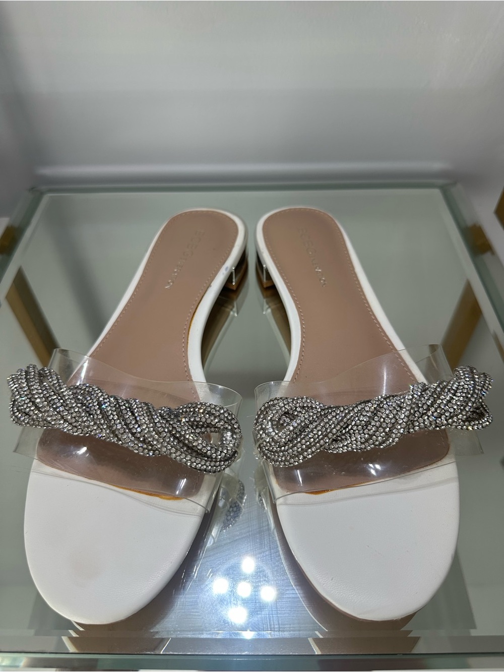 BCBGeneration White Slide Sandals with Crystal Braided Strap Sz 8.5